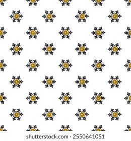 A repeating floral pattern featuring yellow flowers and dark foliage on a white background, creating a fresh and vibrant design.