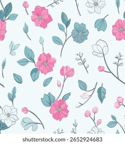 Repeating Floral Pattern , Green Leaves, And Sketched Floral Elements On A White Background.