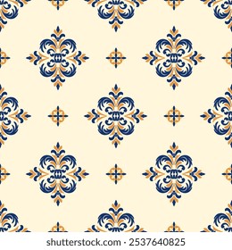 A repeating floral pattern with intricate designs in blue, yellow, and cream, perfect for textile and wallpaper applications damask 