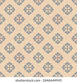 A repeating floral pattern with intricate designs in blue on a soft peach background, ideal for textiles or wallpapers.