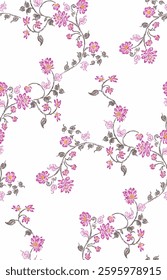 A repeating floral pattern in muted shades of red, green, blue, cyan, pink and yellow on a white background. 