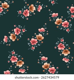 A repeating floral pattern on a dark teal background. The flowers are predominantly shades of light coral pink and a light, muted orange brown. They are depicted in a style that suggests a slightly.