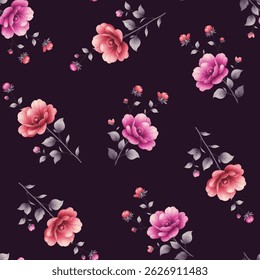 A repeating floral pattern on a deep navy or black background. The pattern features various shades of pink and light coral salmon colored flowers. The flowers are stylized, with detailed petals.