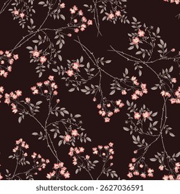 A repeating floral pattern on a deep brown black background. Small, delicate, light pinkish red flowers are clustered along thin, light grayish brown stems and branches.