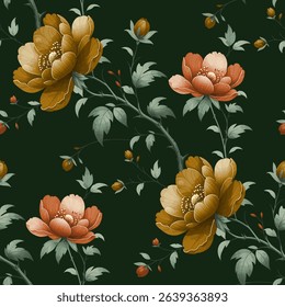 A repeating floral pattern on a deep forest green background. The flowers are peonies, rendered in a style reminiscent of traditional Asian art. The flowers are a mix of muted gold orange and rust.