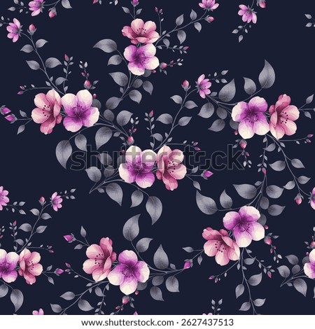 A repeating floral pattern on a navy blue background. The pattern features various shades of pink and purple flowers with lighter, almost white, centers. The flowers have delicate, detailed petals.