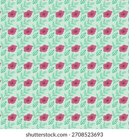 Repeating floral pattern of pink flowers and green leafy branches