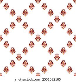 A repeating floral pattern in red and white, featuring intricate designs arranged in a diamond layout.