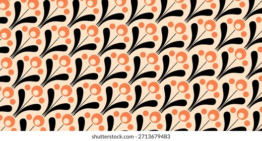 Wiederholendes Blumenmuster mit Retro-Ästhetik. Die Blüten sind mit orangefarbenen Kreisen für die Blüten und kleineren orangefarbenen Punkten um sie herum stilisiert.