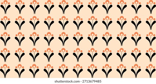 Wiederholendes Blumenmuster mit Retro-Ästhetik. Die Blüten sind mit orangefarbenen Kreisen für die Blüten und kleineren orangefarbenen Punkten um sie herum stilisiert.