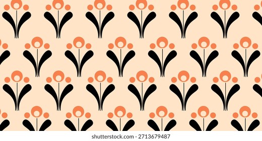 Wiederholendes Blumenmuster mit Retro-Ästhetik. Die Blüten sind mit orangefarbenen Kreisen für die Blüten und kleineren orangefarbenen Punkten um sie herum stilisiert.