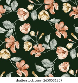Um padrão floral repetitivo é definido contra um fundo verde-floresta escura. As flores são estilizadas, aparecendo em tons de pêssego, bege e damasco claro, com folhagem cinza-verde.