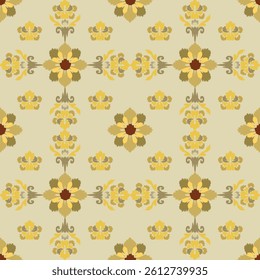 A repeating floral pattern in yellow and gold tones, set against a soft beige background, creating an elegant and vintage feel.