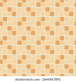 Repetindo o padrão de azulejo floral cerâmica. Playful repetir formas de azulejos retro e sotaques sunburst em tons de laranja quentes. Vintage nostálgico nodo a meados do século decoração com fundo de motif telha radiante simples.
