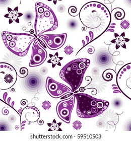 Repeating floral white pattern with violet flowers and butterflies (vector)