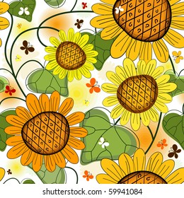 Repeating floral white summer pattern with sunflowers and butterflies (vector)