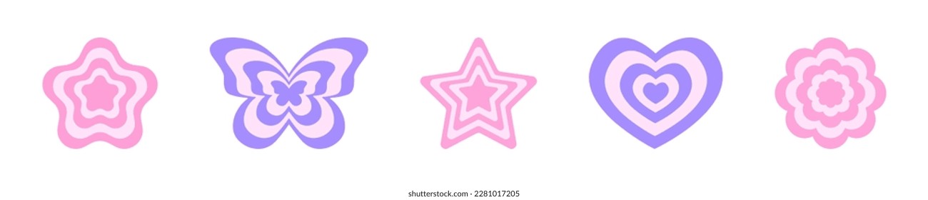 Repeating flower, butterfly, star and heart icons in y2k retro style. 2000s design objects in pastel colors. Cute girly vintage stickers isolated on whiyte background. Vector flat illustration