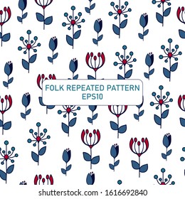 repeating folk floral art pattern on white/transparent background for wallpaper, paper wrapping, cover, textile, decoration, 