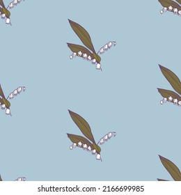 Repeating forest pattern of delicate lilies of the valley in dusty colors. Silence and tranquility of nature. Vector illustration