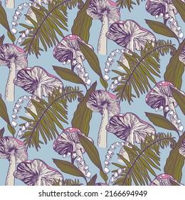 Repeating forest pattern of lilies of the valley, ferns and fly agarics. Silence and tranquility of nature. Vector illustration