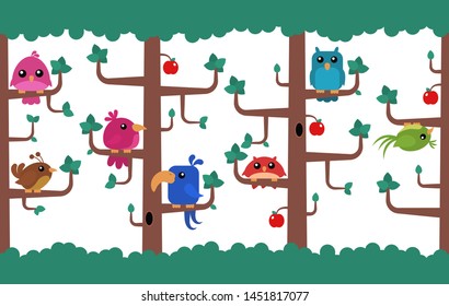 A repeating forest scene filled with brightly coloured birds and fruit.