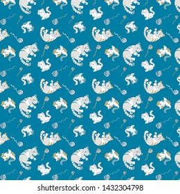 Repeating Fuzzy Cat Yarn Pattern Blue Background / Vector Illustration / Global Colors saved with Pattern Swatches