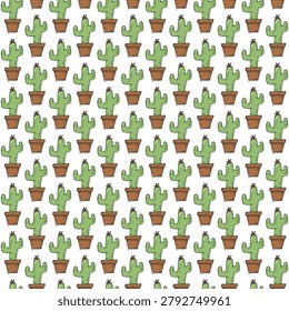 Repeating geometric arrangement of small green cacti in brown pots against clean white backdrop