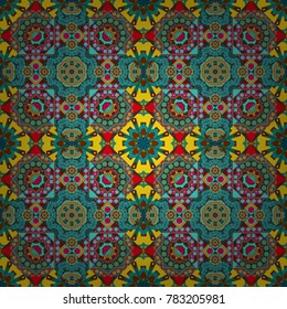 Repeating geometric blue, brown and yellow tiles. Modern stylish texture. Trendy contemporary graphics. Vector seamless pattern.
