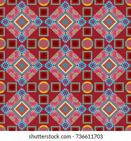 Repeating geometric blue, red and pink tiles. Trendy contemporary graphics. Vector seamless pattern. Modern stylish texture.