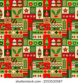 Repeating geometric Christmas pattern for festive designs. Ideal for holiday cards, wrapping paper, digital backgrounds, festive marketing materials.
