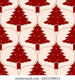Padrão de árvore de Natal geométrico repetitivo em tons vermelhos e beges. Ideal para férias de inverno, decorações festivas, têxteis e embrulho de presente.