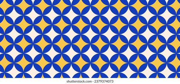 Repeating geometric circle shapes from sparkle elements. Seamless pattern. Modern stylish blue and yellow abstract texture background. Vector illustration EPS10.