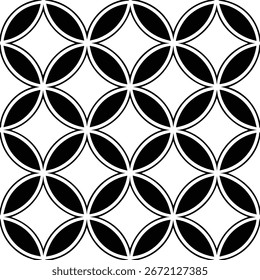 Design geométrico repetitivo com círculos interligados em preto e branco