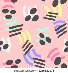 Repeating geometric elements painted with a rough brush. Abstract watercolor seamless pattern. Sketch, ink, grunge. Colorful vector illustration. Black, pink, blue, yellow, white, purple.