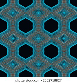 Patrón sin costuras de estilo de bordado geométrico repetido con Formas hexagonales y líneas nítidas y en zigzag en colores azul y rojo sobre un fondo negro. Diseño abstracto ornamental étnico. Textura sin fin.