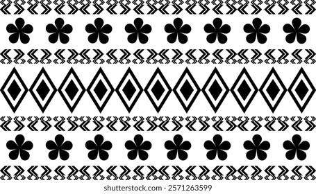 Repeating geometric and floral pattern in black and white. Geometric tribal border flowers,diamonds,arrow-like shapes. for textile prints,home decor,backgrounds,wallpaper,graphic design.