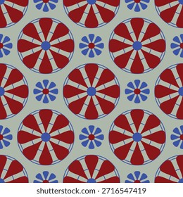 Un patrón floral geométrico repetido con Formas radiales rojas y azules sobre un fondo apagado. Se siente retro, equilibrado y decorativo, adecuado para Fondos de pantalla, textiles, papel de embalaje o diseño de superficies.