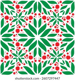 Repeating geometric mosaic leaves and ripe red cherries seamless pattern. Simple graphic design for for printing on fabrics and templates. Trendy geometric vector seamless ornament