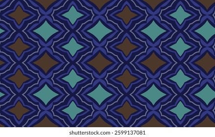 repeating geometric pattern with blue, teal, and brown diamond shapes, for textile, wallpaper, gift wrapping.