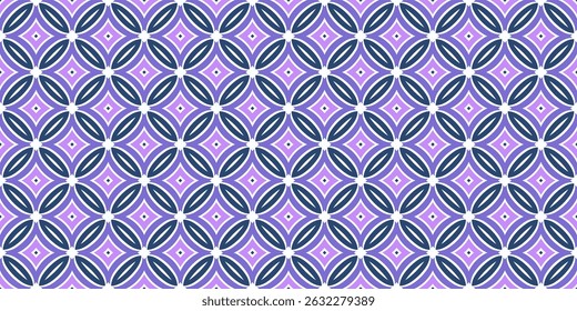 A repeating geometric pattern composed of interlocking ovals in shades of purple, lavender, and dark teal, outlined in white.