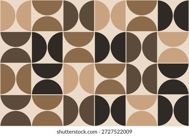 Um padrão geométrico repetitivo composto de semicírculos dispostos em uma grade, utilizando uma paleta de cores marrom, bege e creme.