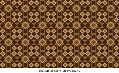 A repeating geometric pattern consisting of diamond and square shapes, arranged in a checkerboard pattern. Combination of shades of brown and yellow to create a warm and inviting design.