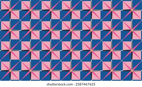 a repeating geometric pattern consisting of square shapes and diagonal lines, arranged in a grid or checkerboard pattern. Blue and pink colors are used to create a lively and visually appealing design