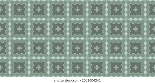 a repeating geometric pattern, consisting of wavy square shapes and star-like elements in a muted green color palette.