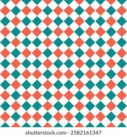 A repeating geometric pattern of coral and teal colored diamonds on a white background.