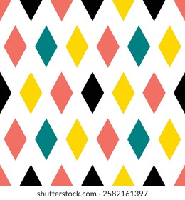 A repeating geometric pattern of coral and teal colored diamonds on a white background.