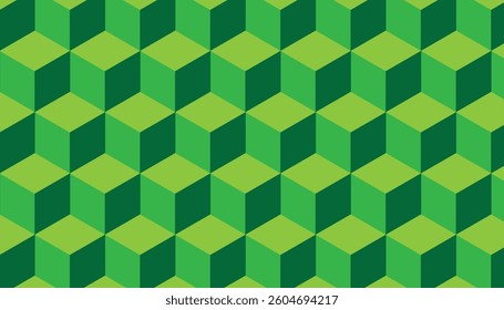 Repeating geometric pattern creating a three-dimensional optical illusion with green cubes