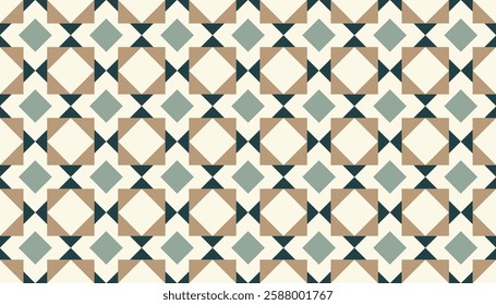 Repeating geometric pattern of diamonds and squares, arranged in a checkerboard pattern. The combination of neutral colors such as cream, brown and gray gives an elegant and calming impression