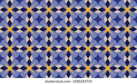 Repeating geometric pattern with a distinct blue and yellow color scheme. The most prominent element is a stylized flower or star-like motif