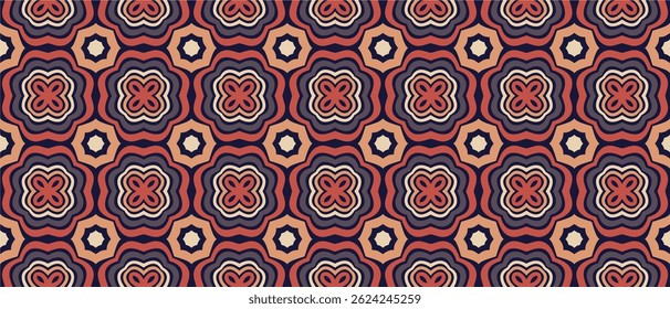a repeating geometric pattern with a distinct retro or vintage feel. The design is symmetrical, composed of stylized floral or quatrefoil shapes interspersed with octagonal and circular elements.